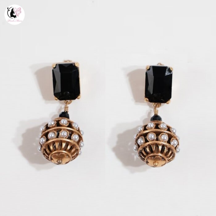 Vintage Black Glazed Glass Round Ball Copper-Plated Gold Earrings