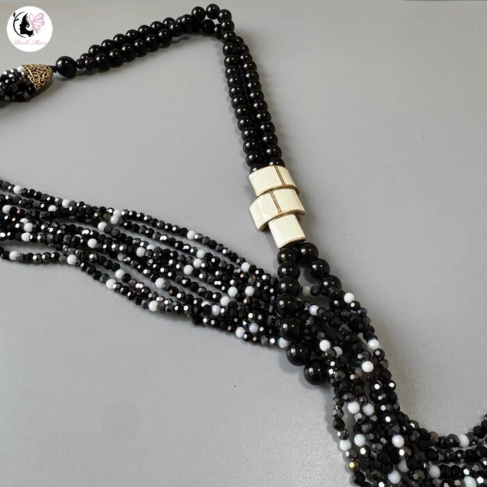 Vintage Black Seed Bead White Enamel Square Necklace