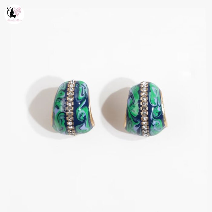 Vintage Blue-Green Patterned Earrings with Central Diamond Inlay