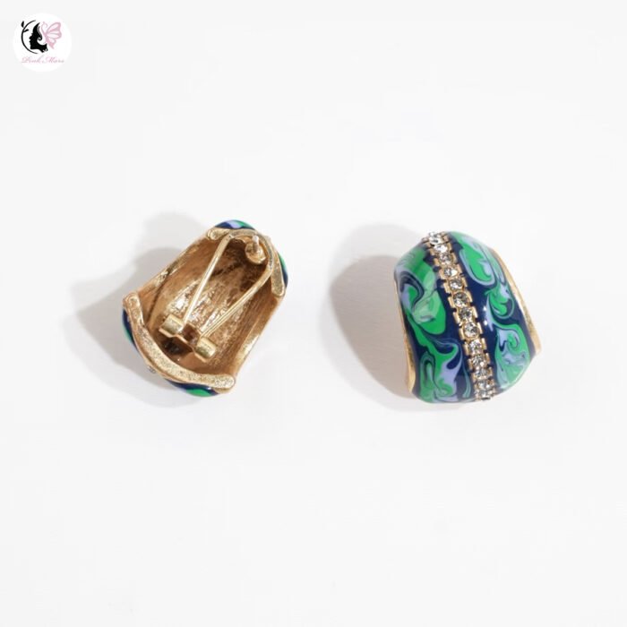 Vintage Blue-Green Patterned Earrings with Central Diamond Inlay - Image 2