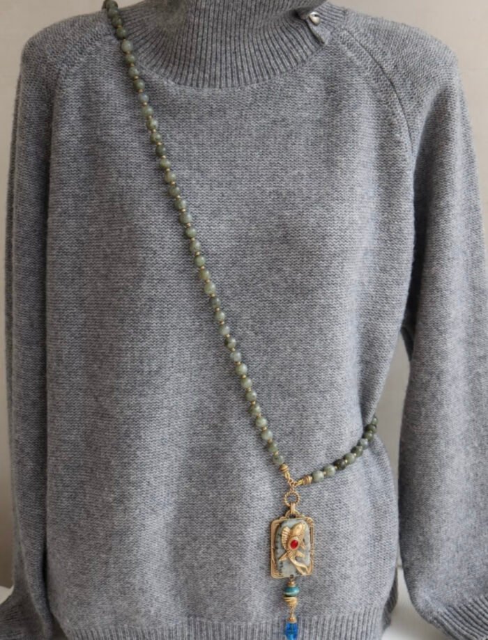 Vintage Blue Natural Stone Koi Fish Statement Sweater Necklace - Image 3