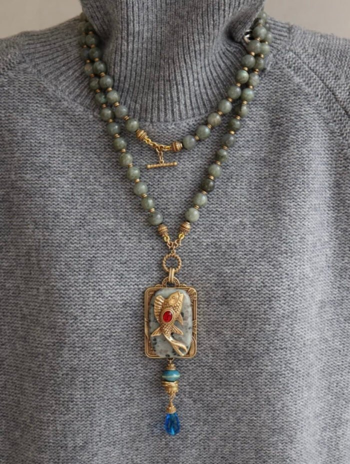 Vintage Blue Natural Stone Koi Fish Statement Sweater Necklace - Image 2