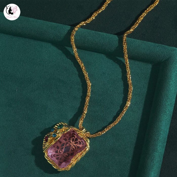 Vintage Bright Gold Back-Engraved Pattern Purple Crystal Necklace & Open Ring