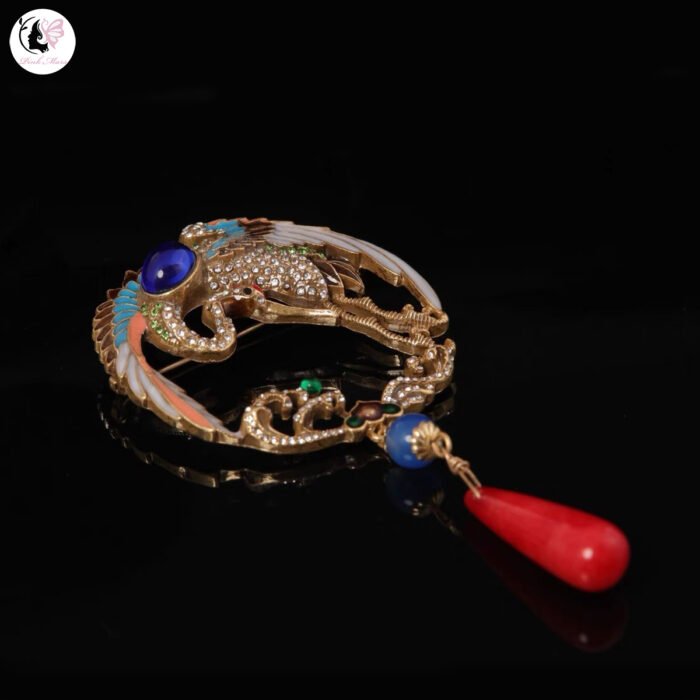 Vintage Copper Alloy Crane Enamel Brooch