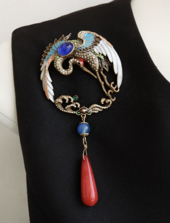 Vintage Copper Alloy Crane Enamel Brooch - Image 2