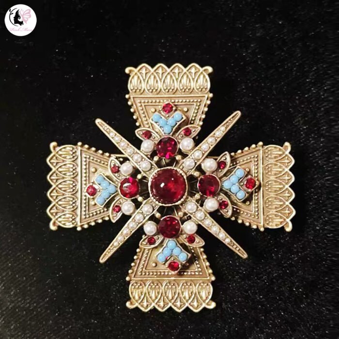 Vintage Copper Alloy Cross Pearl Brooch