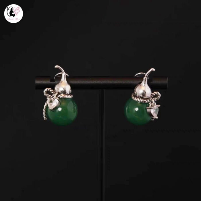 Vintage Copper Alloy Green Agate Gourd Earrings