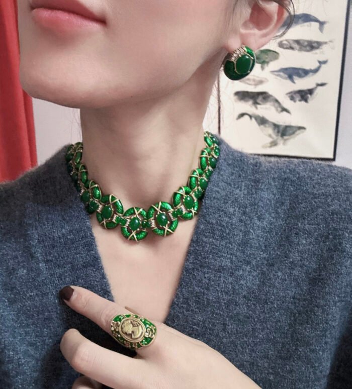 Vintage Copper Alloy Green Enamel Jewelry Set - Image 2