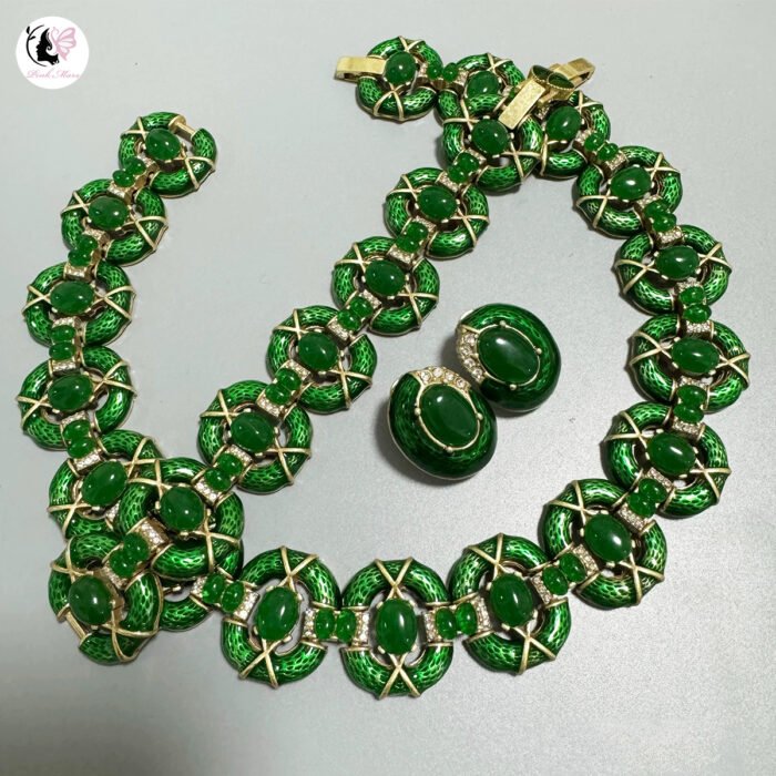 Vintage Copper Alloy Green Enamel Jewelry Set