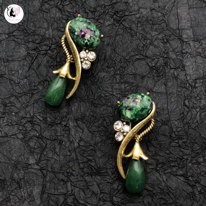 Vintage Copper Alloy Green Jadeite Earrings
