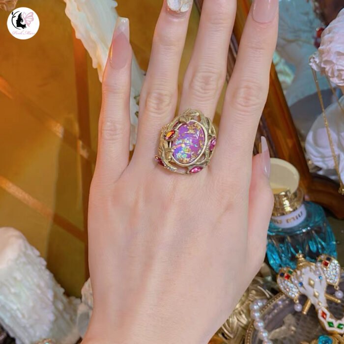 Vintage Copper Alloy Half-Enclosed Design Pink Open Ring - Image 2
