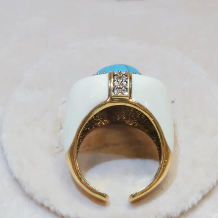 Vintage Copper Alloy Natural Blue Turquoise Enamel Open Ring - Image 2