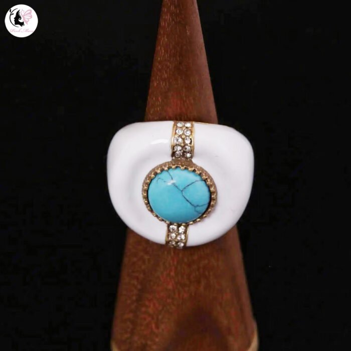 Vintage Copper Alloy Natural Blue Turquoise Enamel Open Ring