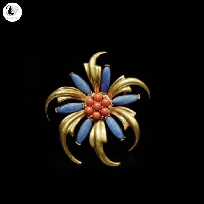 Vintage Copper Alloy Natural Stone Flower-Shaped Brooch
