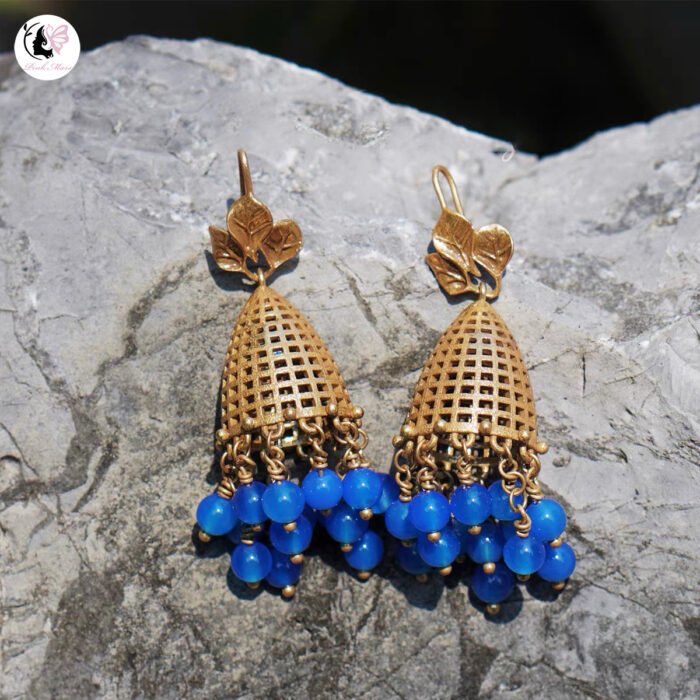 Vintage Copper-Plated Aged Gold Birdcage Blue Agate Earrings