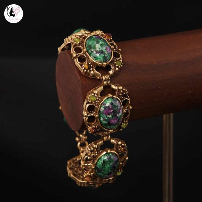 Vintage Copper-Plated Aged Gold Green Stone Bracelet