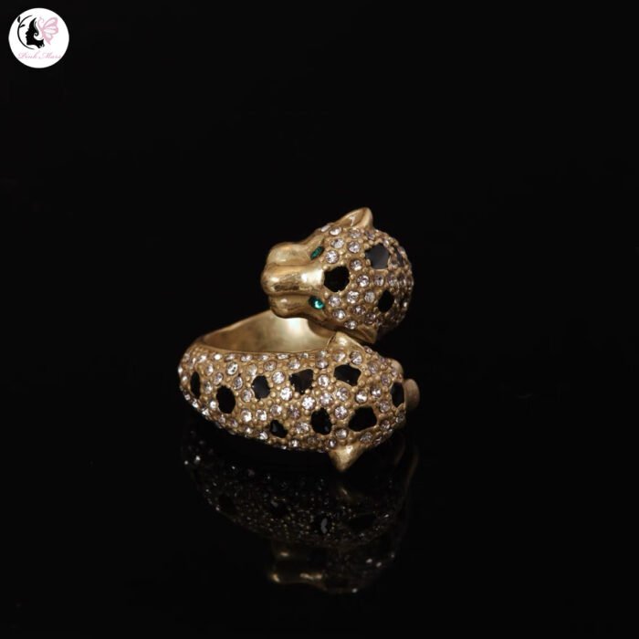 Vintage Copper-Plated Aged Gold Leopard Head Diamond-Inlaid Double Layer Ring