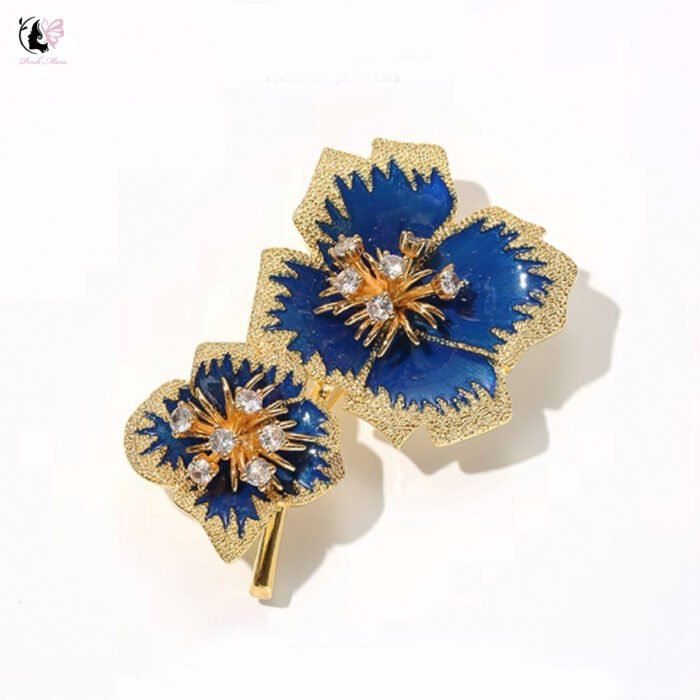 Vintage Copper-Plated Antique Gold Blue Enamel Flower Brooch