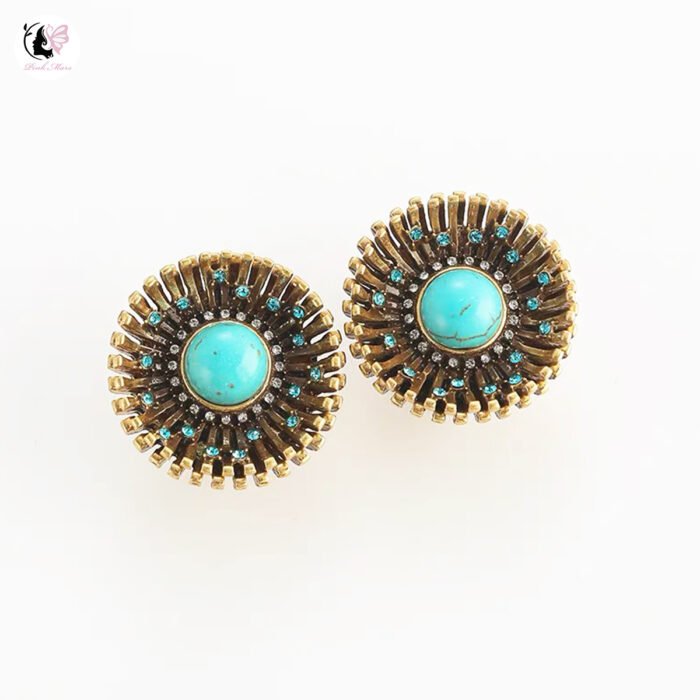 Vintage Copper Plated Antique Gold Round Diamond-Inlaid Turquoise Earrings