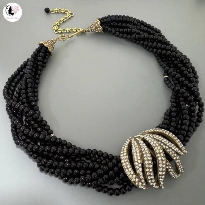Vintage Copper-Plated Distressed Gold Tree Leaf with Diamond and Black Glass Bead Necklace