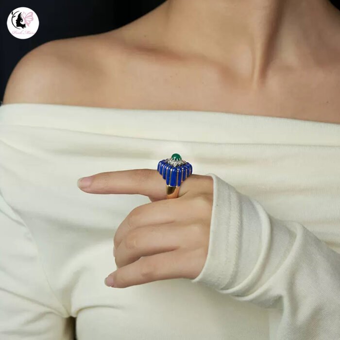 Vintage Copper-Plated Gold Blue Enamel Green Agate Inlaid Open Ring - Image 2