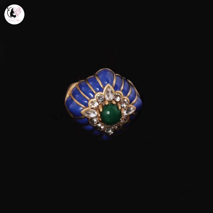 Vintage Copper-Plated Gold Blue Enamel Green Agate Inlaid Open Ring