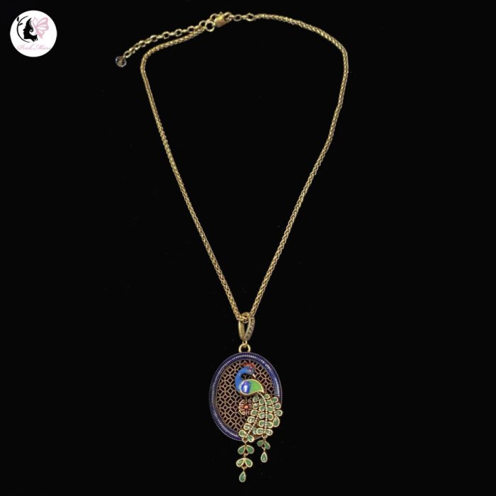 Vintage Copper-Plated Gold Blue Enamel Peacock Necklace
