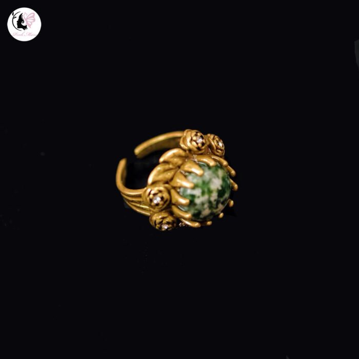 Vintage Copper-Plated Gold Green Qinghai Jade Stone Open Ring