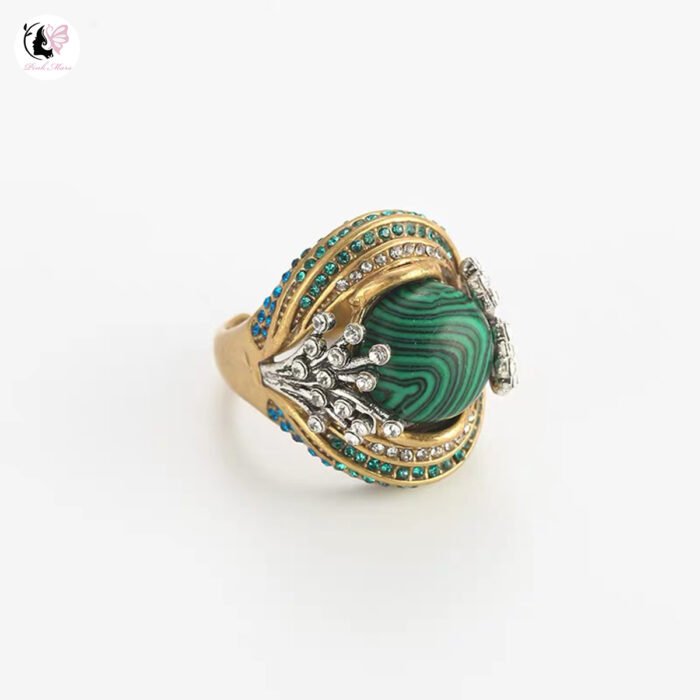 Vintage Copper-Plated Gold Malachite Round Diamond-Inlaid Open Ring