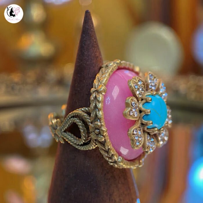 Vintage Copper-Plated Gold Pink Enamel Turquoise Diamond-Inlaid Flower Ring - Image 2