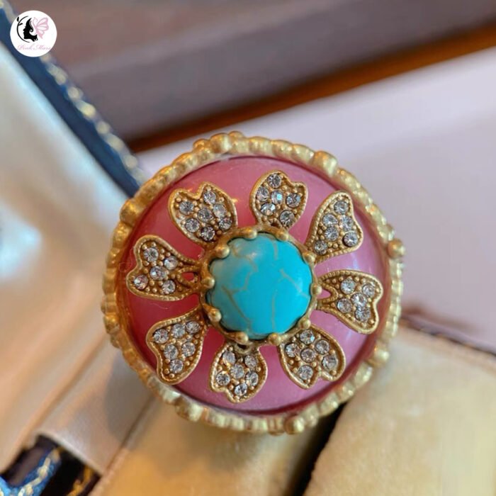 Vintage Copper-Plated Gold Pink Enamel Turquoise Diamond-Inlaid Flower Ring