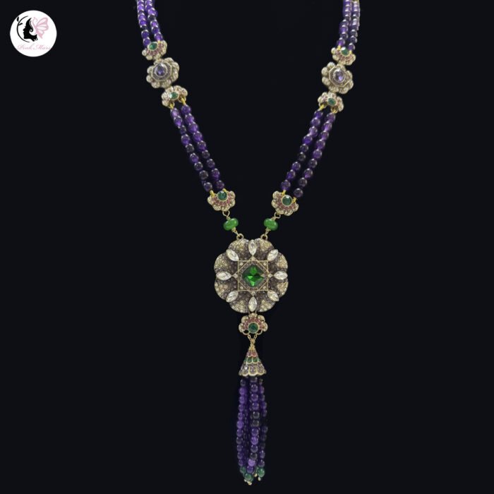 Vintage Copper-Plated Gold Purple Crystal Diamond-Inlaid Medallion Necklace