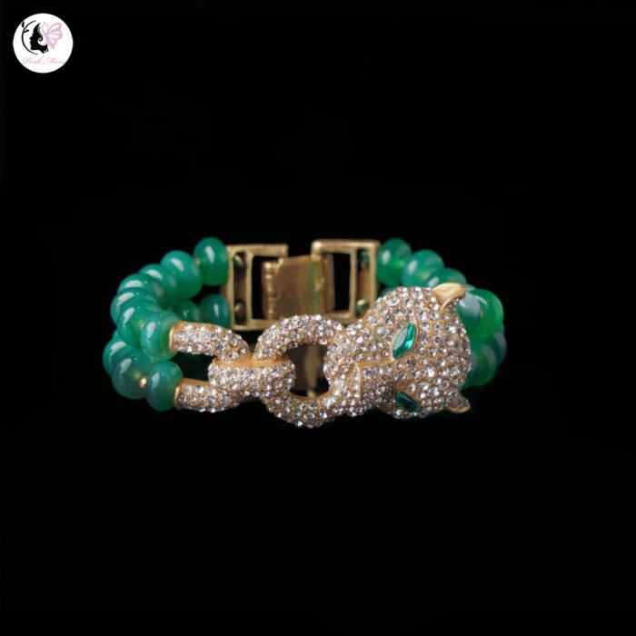 Vintage Copper-Plated Tarnished Gold Leopard Head Diamond-Inlaid Green Agate Bracelet