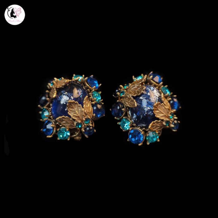 Vintage Diamond-Inlaid Klein Blue Leaf Earrings