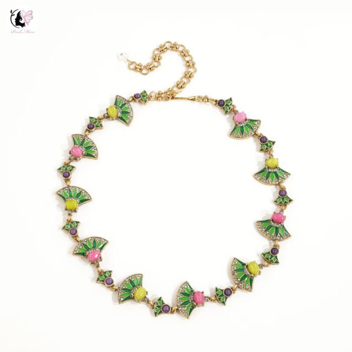Vintage Fan-Shaped Green Enamel Necklace