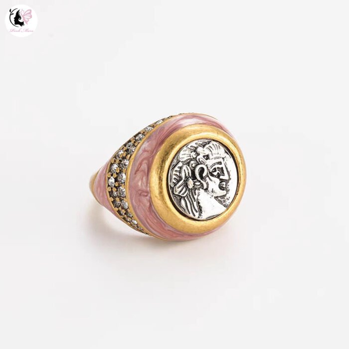 Vintage Gold Antique-Finish Goddess Head Pink Enamel Ring