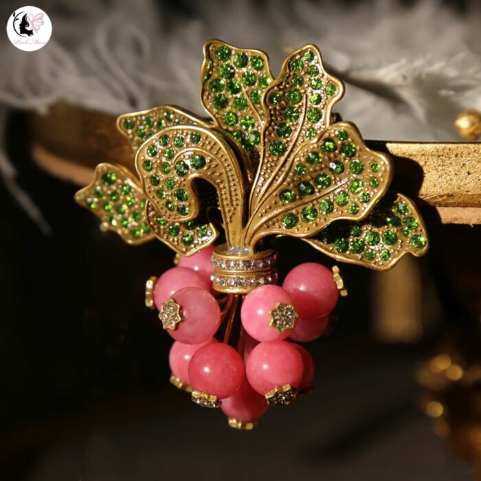 Vintage Gold Antique-Finish Green Diamond-Inlaid Leaf and Red Carrot Brooch