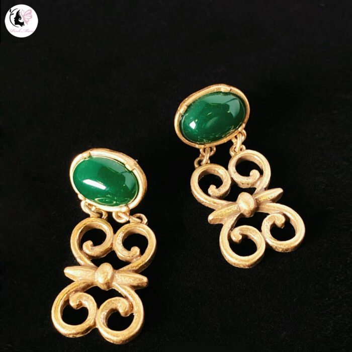 Vintage Gold Antique-Finish Green Glass Earrings