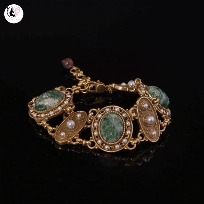 Vintage Gold Antique Finish Natural Stone Jade Pearl Bracelet