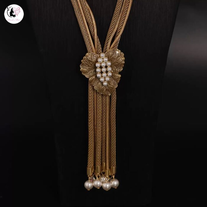 Vintage Gold Tarnished Pearl Leaf Tassel Necklace - Image 2