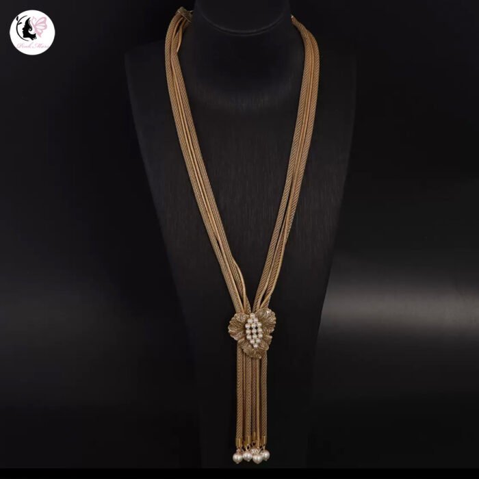 Vintage Gold Tarnished Pearl Leaf Tassel Necklace