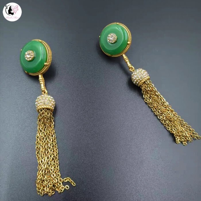 Vintage Green Agate Gold Tassel Long Earrings