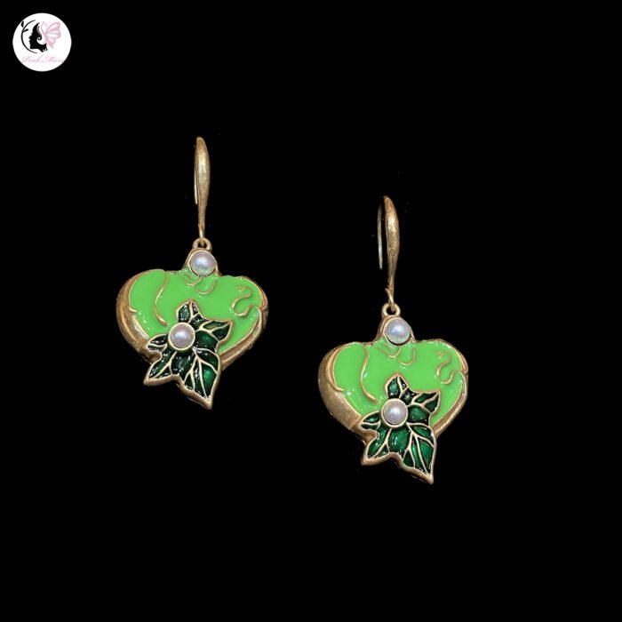 Vintage Green Heart Enamel Glaze Leaf Copper-Plated Aged Gold Earrings