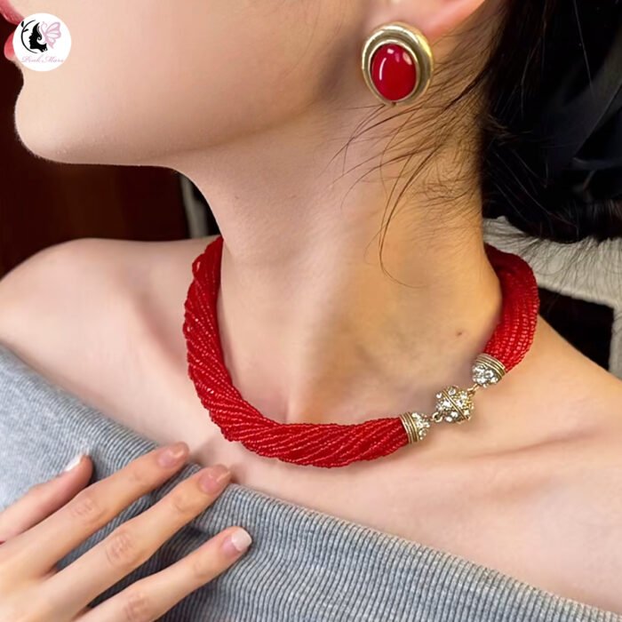 Vintage Italian Grandma Style red Crystal & Glass Multi-Layer Necklace - Image 2