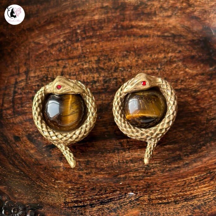 Vintage Natural Tiger's Eye Stone Snake Earrings