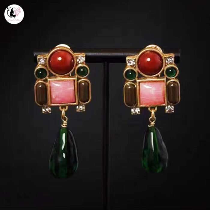 Vintage Pink Square Natural Stone Green Glass Pendant Earrings