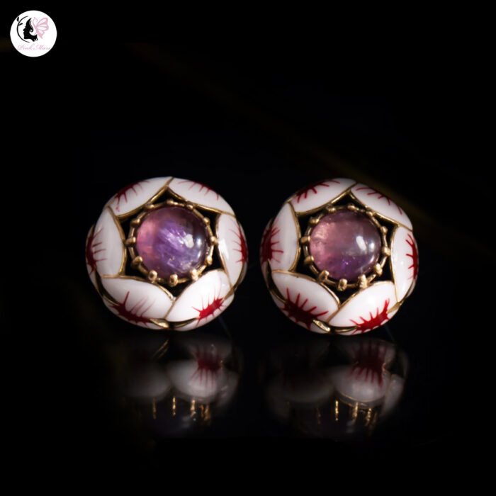 Vintage Purple Agate Inlaid White and Purple Enamel Earrings