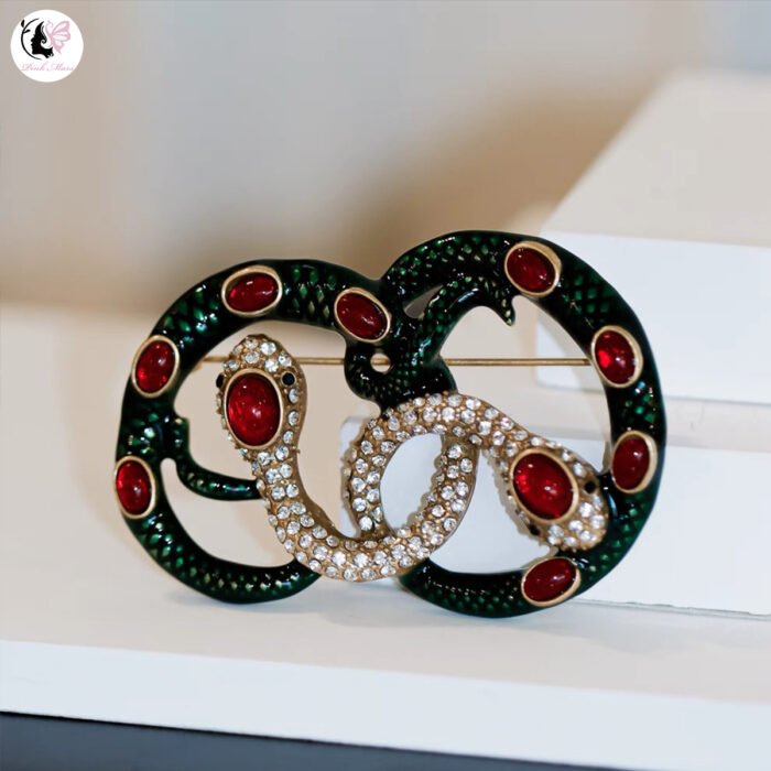 Vintage Red and Green Gemstone Snake Brooch