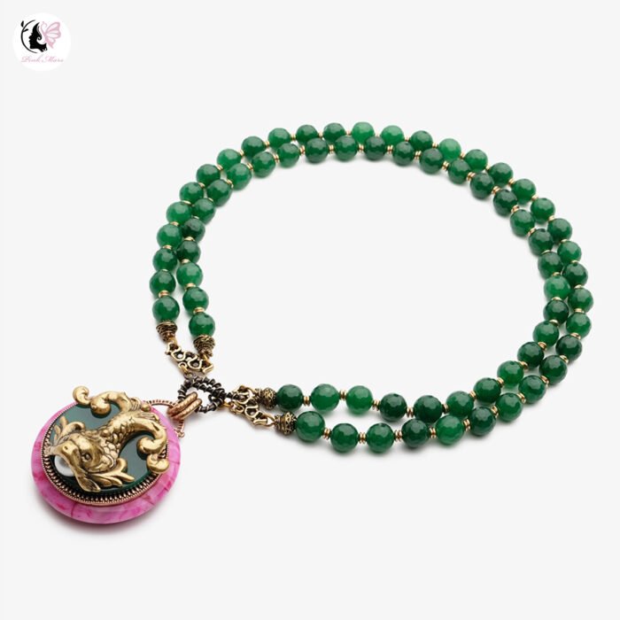 Vintage Retro Gold-Plated Dragon Head White Pearl and Green Bead Necklace