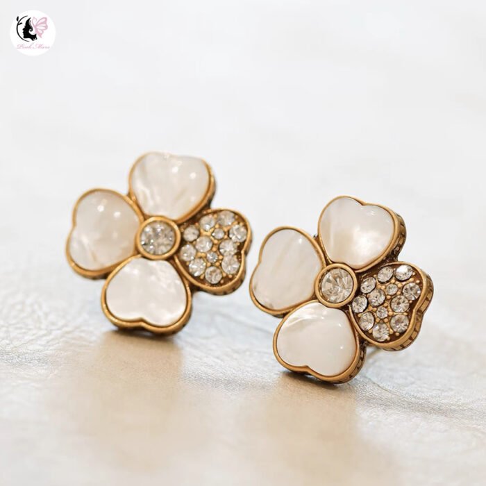 Vintage Socialite Style Pearl Mother-of-Pearl Diamond-Inlaid Earrings